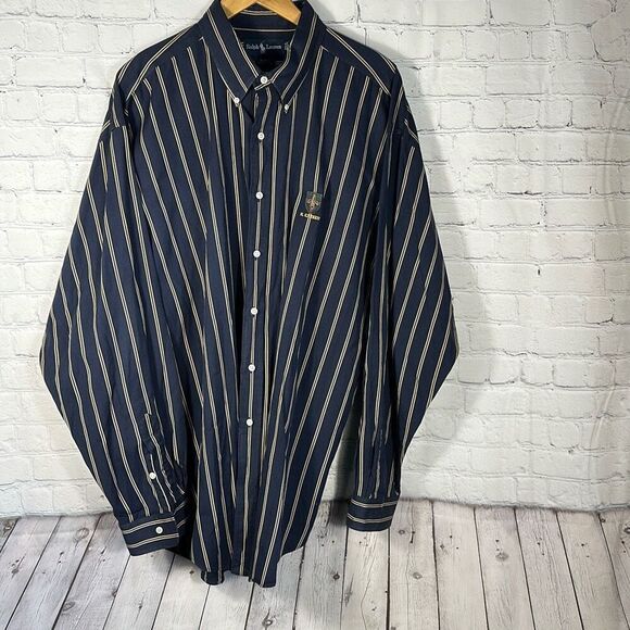 Vintage Ralph Lauren Crest Shield Shirt Mens XXL Blue Navy Gold Striped Blaire - Picture 1 of 7